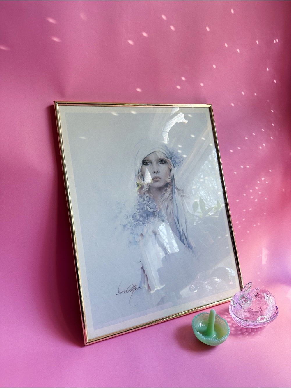 Vintage 80s Lacquered Brass Frame Wall Art Sara Moon Print